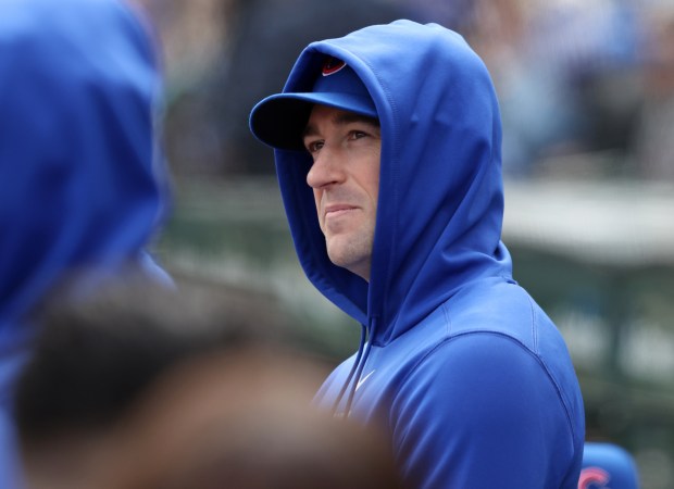Cubs pitcher Kyle Hendricks sits in the dugout in the first inning against the Marlins on April 20, 2024, at Wrigley Field. (John J. Kim/Chicago Tribune)