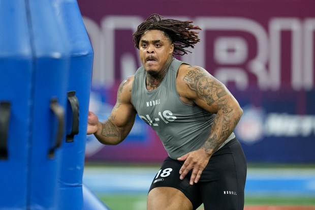 Texas defensive lineman Byron Murphy runs a drill at the NFL scouting combine on Feb. 29, 2024, in Indianapolis. (AP Photo/Darron Cummings)