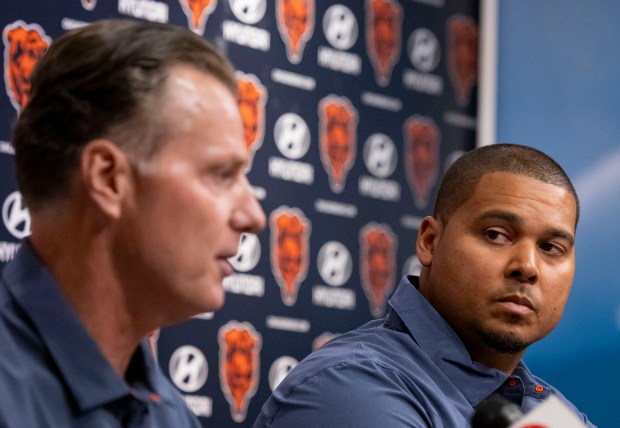 Chicago Bears head coach Matt Eberflus and general manager Ryan Poles speak, July 25, 2023, as the Chicago Bears report to training camp at Halas Hall. (Brian Cassella/Chicago Tribune)