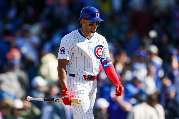 Chicago Cubs third base Christopher Morel (5) walks off the field after popping out ending the game against the Miami Marlins at Wrigley Field on April 21, 2024. (Eileen T. Meslar/Chicago Tribune)