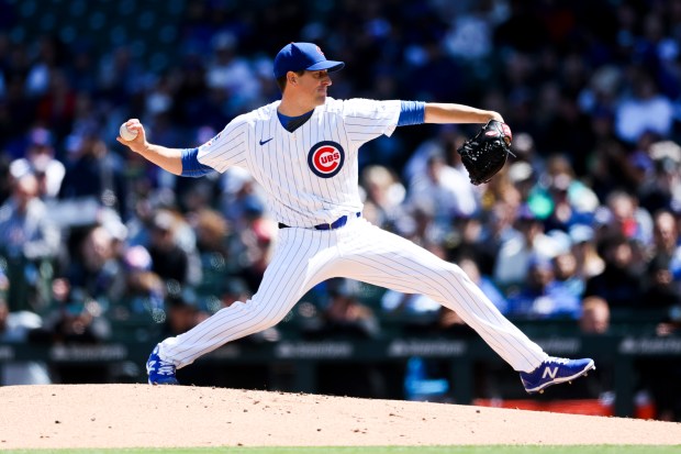 Chicago Cubs pitcher Kyle Hendricks (28) pitches during the second inning against the Miami Marlins at Wrigley Field on April 21, 2024. (Eileen T. Meslar/Chicago Tribune)