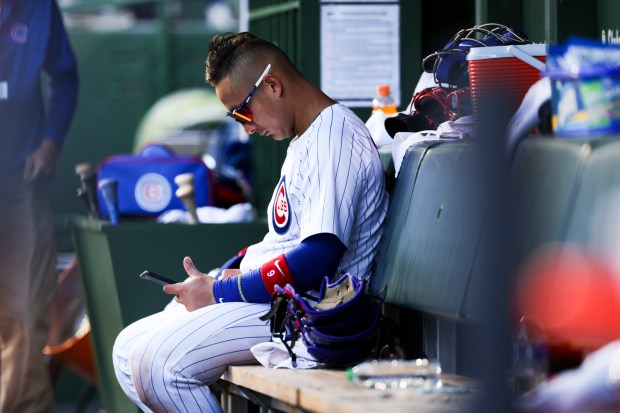 Chicago Cubs catcher Miguel Amaya (9) sits in the dugout after the Cubs lost against the Miami Marlins 6-3 at Wrigley Field on April 21, 2024. (Eileen T. Meslar/Chicago Tribune)