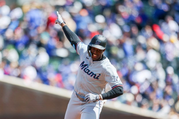 Miami Marlins outfielder Jesús Sánchez (12) celebrates after hitting a home run during the second inning against the Chicago Cubs at Wrigley Field on April 21, 2024. (Eileen T. Meslar/Chicago Tribune)