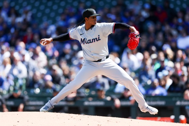 Miami Marlins pitcher Edward Cabrera (27) pitches during the second inning against the Chicago Cubs at Wrigley Field on April 21, 2024. (Eileen T. Meslar/Chicago Tribune)