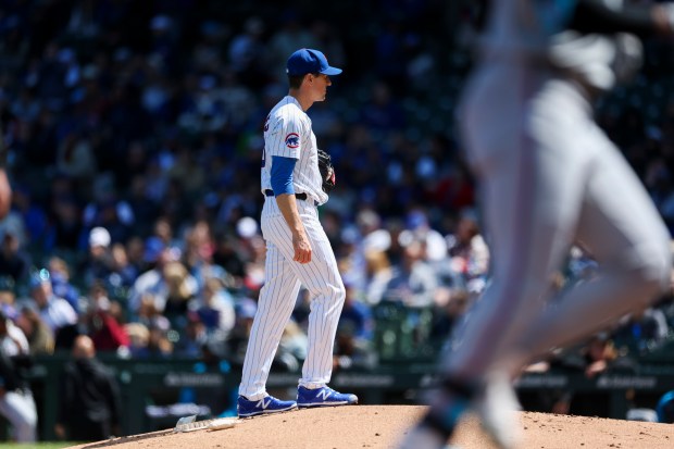 Chicago Cubs pitcher Kyle Hendricks (28) reacts after Miami Marlins outfielder Jesús Sánchez (12) hit a home run during the second inning at Wrigley Field on April 21, 2024. (Eileen T. Meslar/Chicago Tribune)