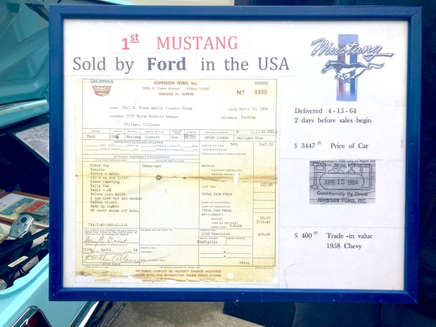 Gail Wise of Park Ridge still has the invoice for the first Ford Mustang ever sold in the United States, which she purchased 60 years ago on April 15, 1964. (Pam DeFiglio, Chicago Tribune/Pioneer Press)