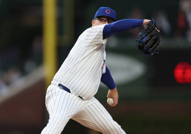Chicago Cubs starting pitcher Jordan Wicks (36) delivers to the Houston Astros in the second inning of a game at Wrigley Field in Chicago on April 23, 2024. (Chris Sweda/Chicago Tribune)