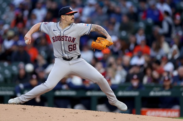 Houston Astros starting pitcher J.P. France (68) delivers to the Chicago Cubs in the first inning of a game at Wrigley Field in Chicago on April 23, 2024. (Chris Sweda/Chicago Tribune)