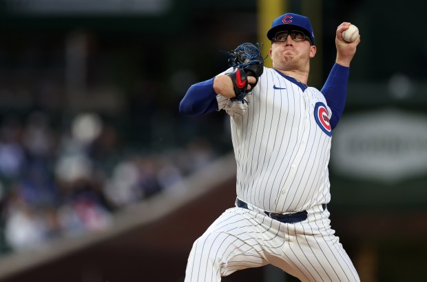 Chicago Cubs starting pitcher Jordan Wicks (36) delivers to the Houston Astros in the second inning of a game at Wrigley Field in Chicago on April 23, 2024. (Chris Sweda/Chicago Tribune)