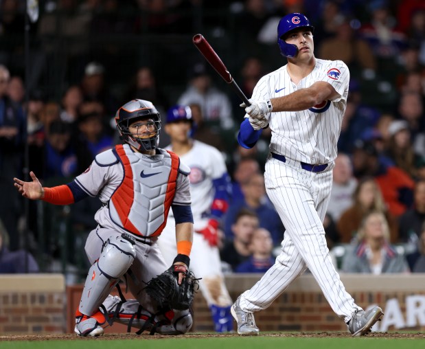 Chicago Cubs designated hitter Matt Mervis pulls a ball foul in the 8th inning of a game against the Houston Astros at Wrigley Field in Chicago on April 23, 2024. (Chris Sweda/Chicago Tribune)