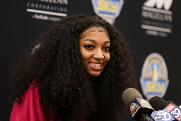 Newly drafted Chicago Sky player Angel Reese answers media questions at Sachs Recreation Center in Deerfield on April 24, 2024. (Eileen T. Meslar/Chicago Tribune)