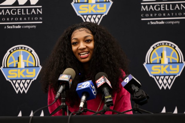 Newly drafted Chicago Sky player Angel Reese answers media questions at Sachs Recreation Center in Deerfield on April 24, 2024. (Eileen T. Meslar/Chicago Tribune)