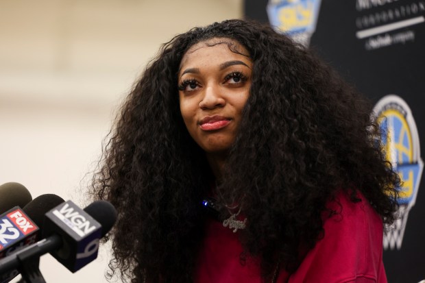 Newly drafted Chicago Sky player Angel Reese answers a question about her mother during a media introduction event at Sachs Recreation Center in Deerfield on April 24, 2024. (Eileen T. Meslar/Chicago Tribune)