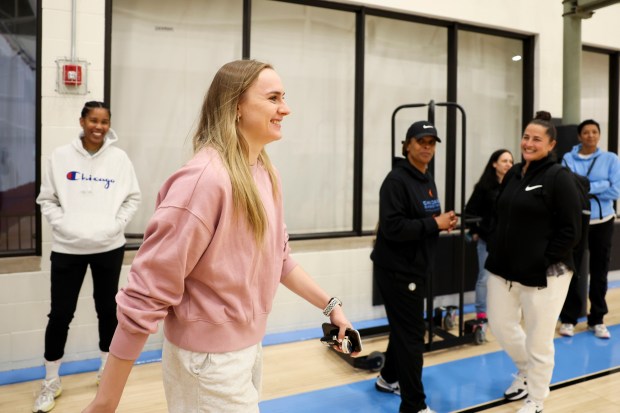 Newly drafted Chicago Sky player Brynna Maxwell arrives to answer media questions at Sachs Recreation Center in Deerfield on April 24, 2024. (Eileen T. Meslar/Chicago Tribune)