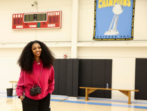 Newly drafted Chicago Sky player Angel Reese walks toward the exit after answering media questions at Sachs Recreation Center in Deerfield on April 24, 2024. (Eileen T. Meslar/Chicago Tribune)