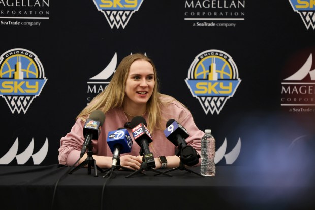 Newly drafted Chicago Sky player Brynna Maxwell answers media questions at Sachs Recreation Center in Deerfield on April 24, 2024. (Eileen T. Meslar/Chicago Tribune)