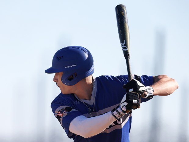 Burlington Central's Elliott Alicea (13) waits for a pitch from Jacobs' Braden Behrens (11) during a Fox Valley Conference game on Wednesday, April, 24, 2024 in Algonquin. Burlington Central won, 10-6 in nine innings.H. Rick Bamman / For the Beacon News