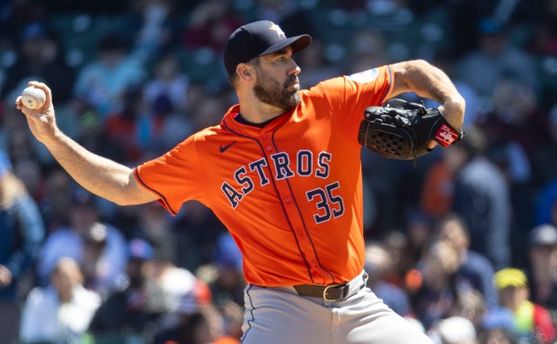 Astros pitcher Justin Verlander delivers to the Cubs in the first inning on April 25, 2024, at Wrigley Field. (Brian Cassella/Chicago Tribune)