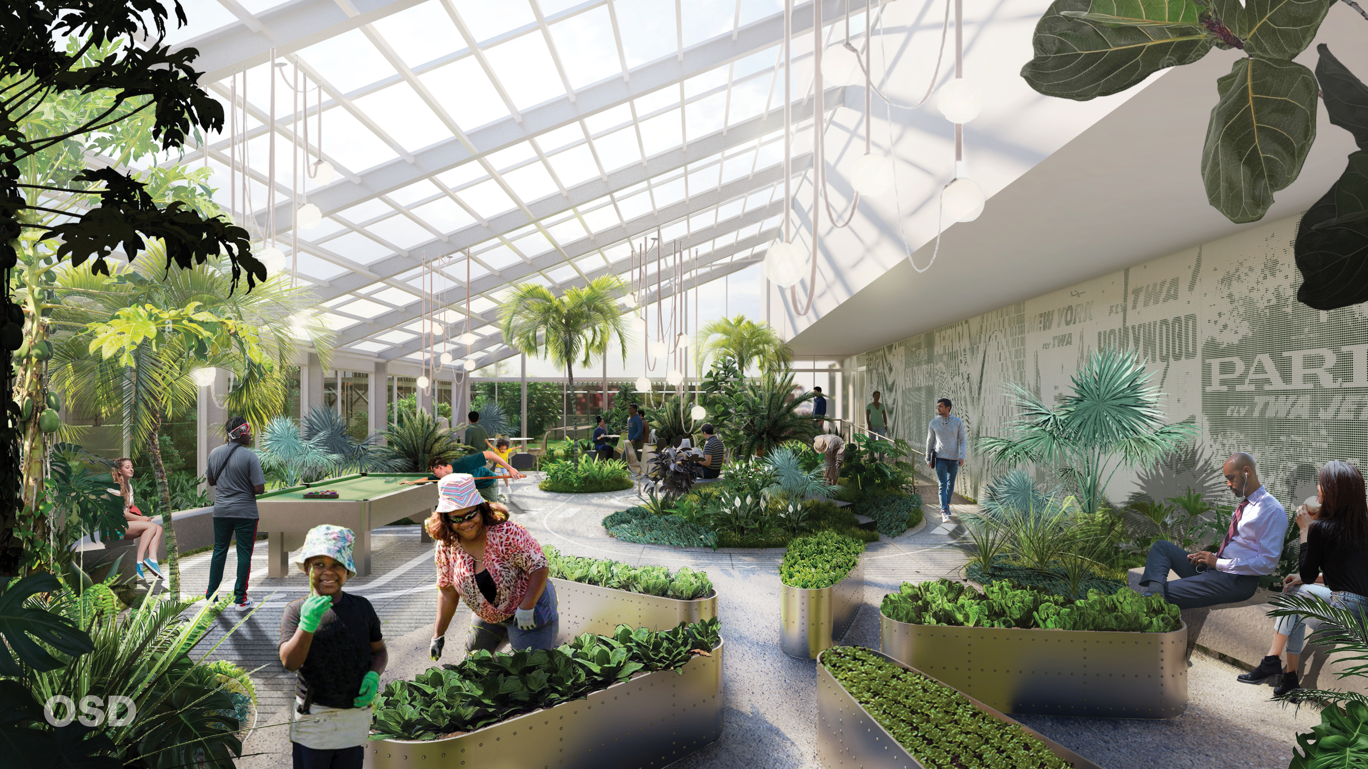 Rendering of the interior garden planned for the former JFK Hilton, near the airport in Queens. It's being converted into housing.