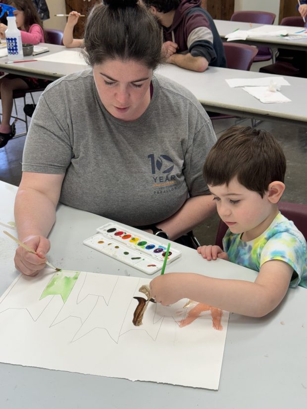 Katie VanGilder and her son, Elliott, of Hammond, begin their painting at Big & Little Art sponsored by the Porter County Parks Department on Wednesday, April 17, 2024. (Deena Lawley-Dixon/for Post-Tribune)