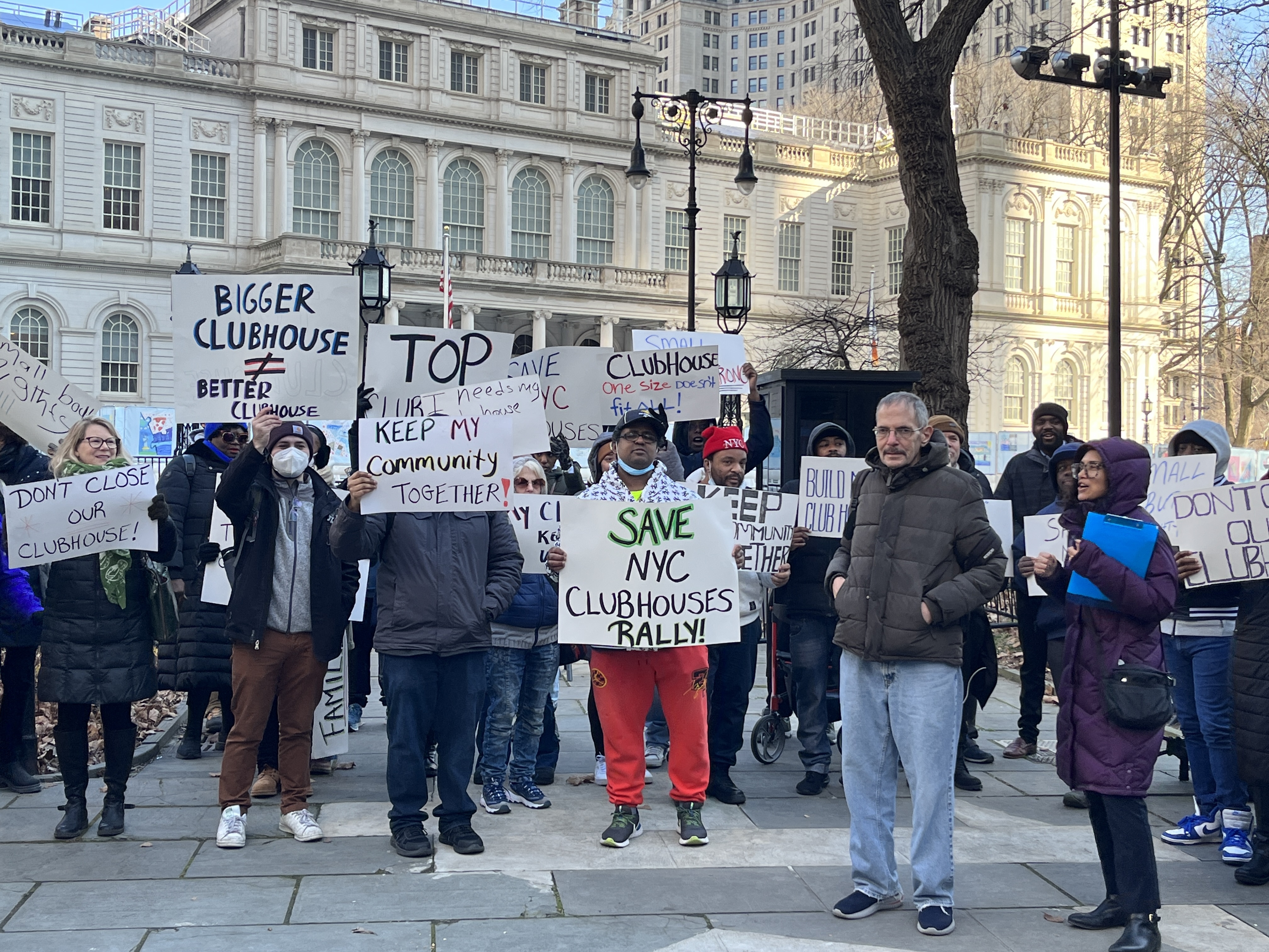 New York City Councilmembers, mental health consumers and others rally to save mental health "clubhouses” outside City Hall in January.