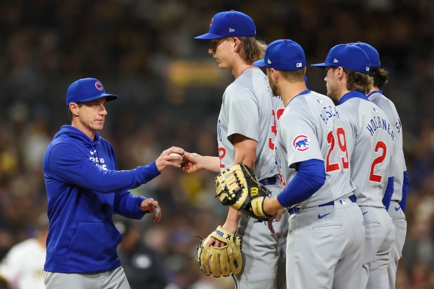 Manager Craig Counsell #30 of the Chicago Cubs takes pitcher Ben Brown #32 out of the game in the fifth inning against the San Diego Padres at PETCO Park on April 9, 2024 in San Diego, California. (Photo by Brandon Sloter/Getty Images)