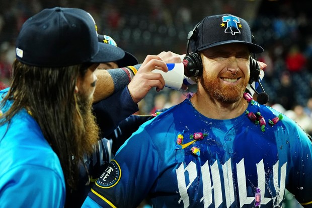 Phillies starter Spencer Turnbull has water and gum poured on him teammates after the game against the White Sox on April 19, 2024, in Philadelphia. . (Mitchell Leff/Getty)