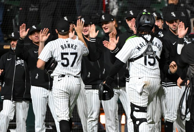 White Sox players celebrate their 9-4 victory against the Rays on April 26, 2024, at Guaranteed Rate Field. (Nuccio DiNuzzo/Getty)