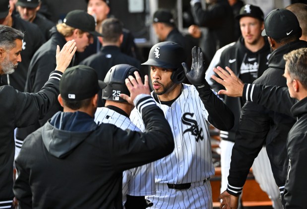 White Sox's Tommy Pham is congratulated by teammates after scoring during the third inning against the Rays at Guaranteed Rate Field on April 26, 2024. (Photo by Nuccio DiNuzzo/Getty Images)