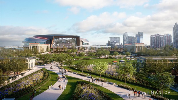 Renderings of a new state-of-the-art enclosed stadium with open space access to the lakefront were released by the Chicago Bears on April 24, 2024. (Manica)