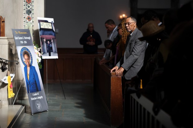 Henderson Yarbrough listens to the closing prayer at the funeral for his wife, Cook County Clerk Karen A. Yarbrough, at Rockefeller Memorial Chapel at the University of Chicago on April 14, 2024. (Eileen T. Meslar/Chicago Tribune)