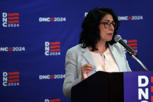 In advance of the upcoming Democratic National Convention, Democratic Party of Illinois Chairperson Lisa Hernandez speaks to the media at the Hilton Chicago on Michigan Avenue in Chicago on April 18, 2024. (Terrence Antonio James/Chicago Tribune)