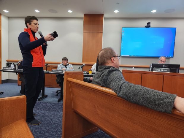 Former Indiana Dunes Tourism CEO Lorelei Weimer addresses the Porter County Council Tuesday, April 23, 2024. (Shelley Jones/for Post-Tribune)