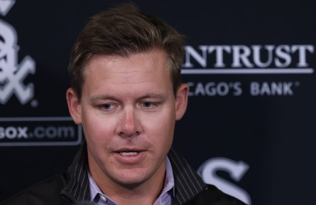 White Sox general manager Chris Getz answers reporters' questions before a team workout on March 27, 2024, at Guaranteed Rate Field. (John J. Kim/Chicago Tribune)