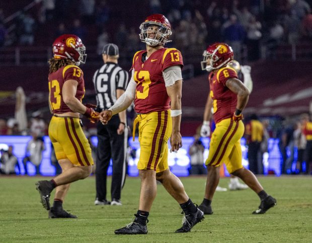 USC Trojans quarterback Caleb Williams walks off the field after the final offensive play of the game in the Trojans 52-42 loss to Washington at L.A. Memorial Coliseum Nov. 4, 2023 in Los Angeles, California.(Gina Ferazzi/Los Angeles Times)