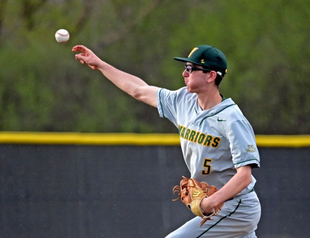 Waubonsie Valley's Ryan Morton delivers a pitch to home. Waubonsie Valley defeated Metea Valley in baseball, 7-3, Tuesday, April 16, 2024, in Aurora, Illinois. (Jon Langham/for the Beacon-News)