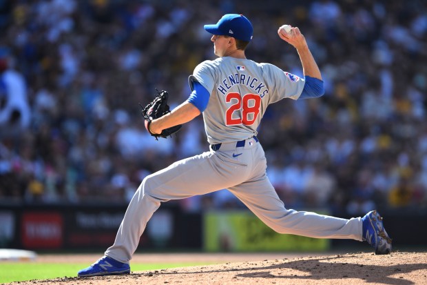 Chicago Cubs starting pitcher Kyle Hendricks delivers during the third inning of the team's baseball game against the San Diego Padres, Wednesday, April 10, 2024, in San Diego. (AP Photo/Denis Poroy)