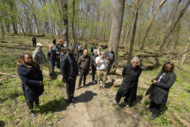 Elected officials and others take a tour Thursday, April 25, 2024 at Red Gate Woods in Willowbrook showcasing a massive project underway by the Forest Preserves of Cook County in the Palos Preserves. (Mark Black / Daily Southtown)