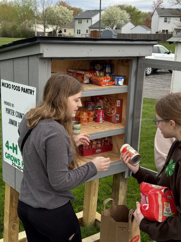 Heather Cox, left, and Haley Casbon, right, both 4-H Junior Leaders in Porter County, organize food donations for their micro pantry in Valparaiso on Thursday, April 18, 2024. (Deena Lawley-Dixon/for Post-Tribune)