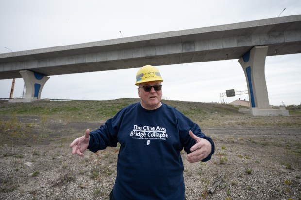 Local labor activist Terry Steagall stands on one of two sites proposed for a memorial to the 14 workers lost in the April 15, 1982 Cline Avenue Bridge collapse, as well as others lost to construction and labor accidents, in East Chicago on Friday, April 26, 2024. (Kyle Telechan/for the Post-Tribune)