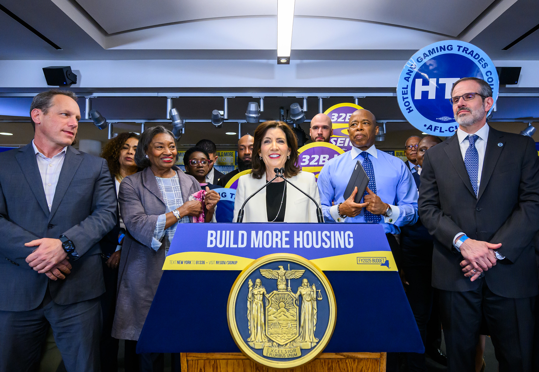 Gov. Kathy Hochul, Mayor Eric Adams and top legislative leaders at a housing rally.