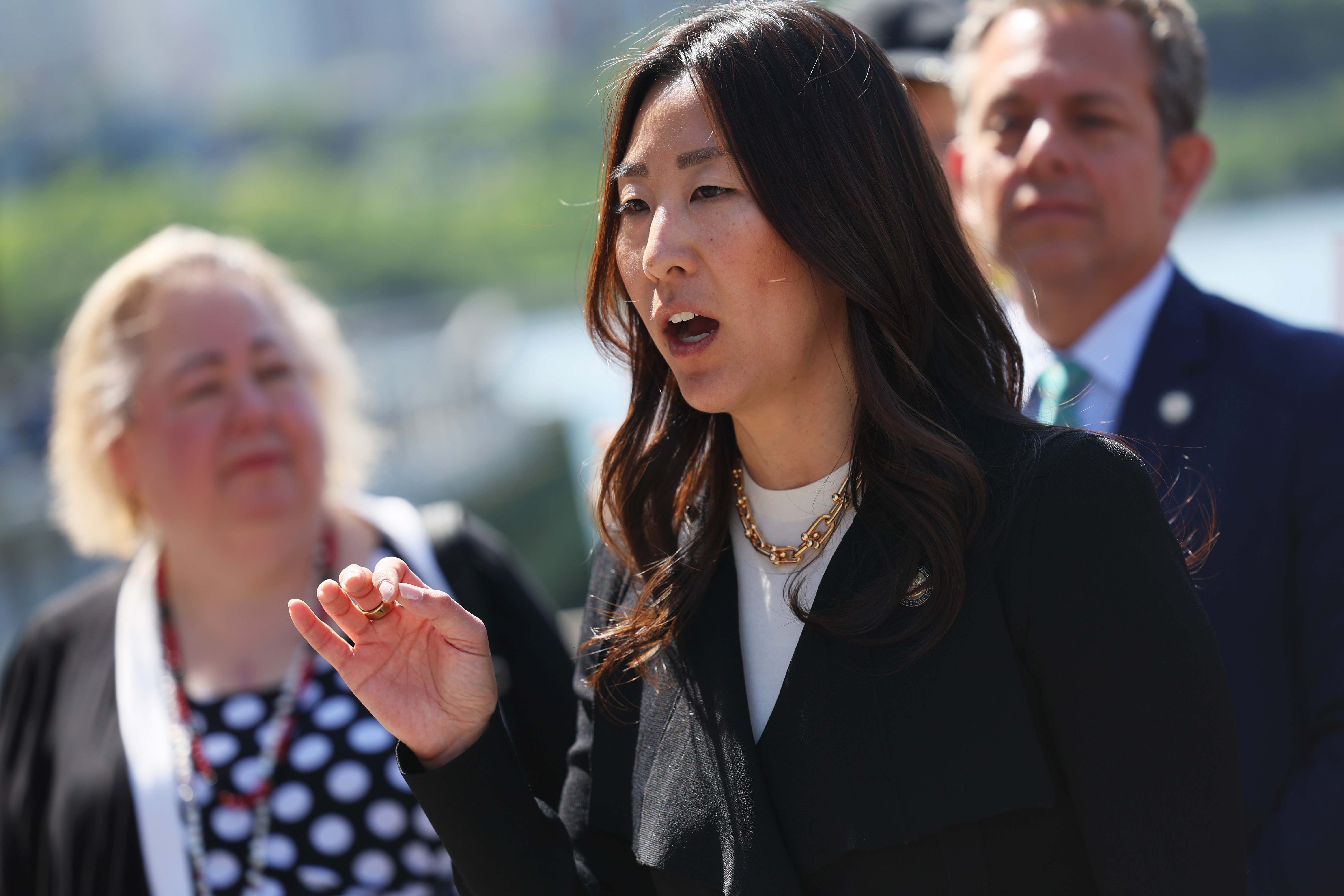 Assemblymember Grace Lee speaks during a press conference in Manhattan.