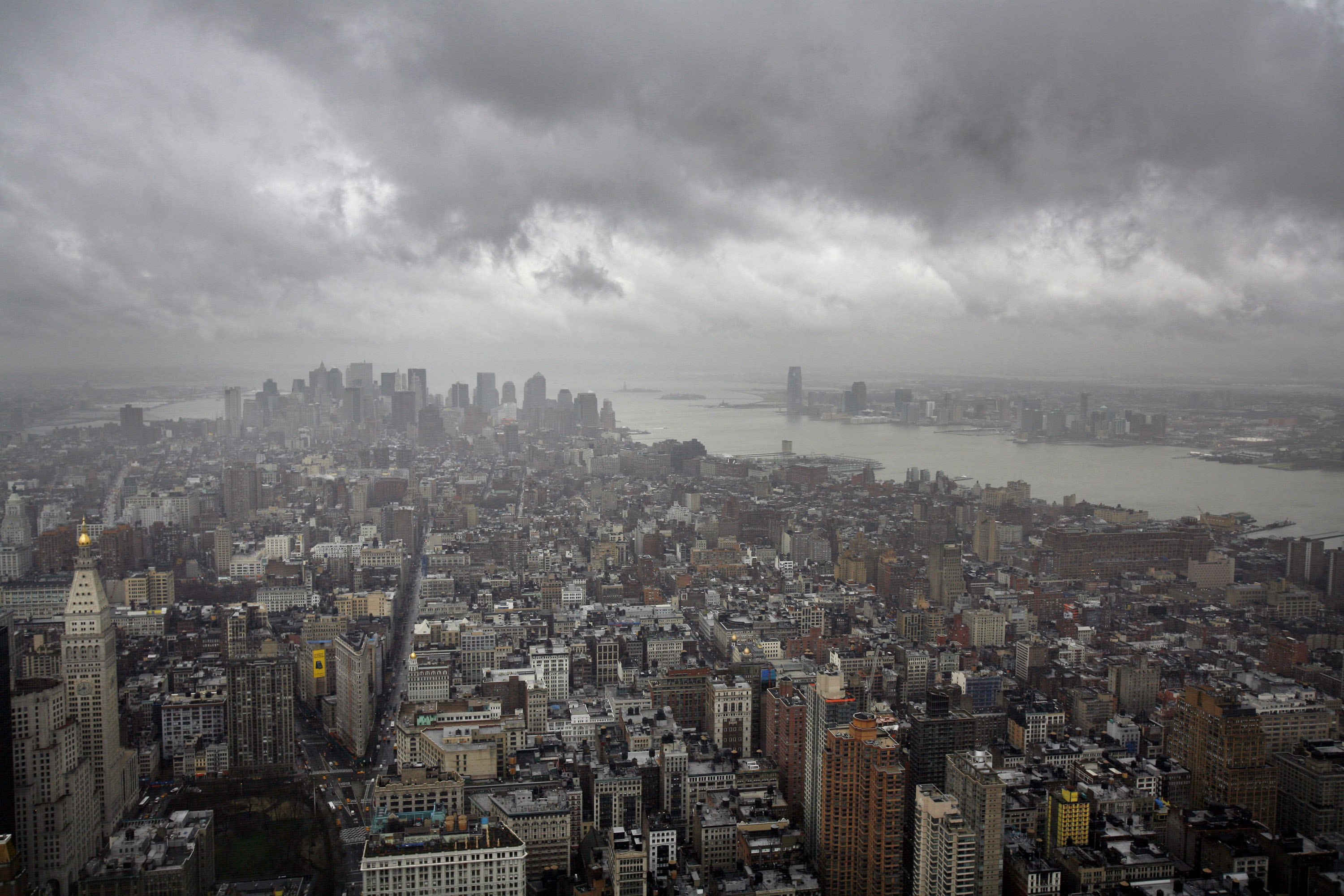 A photo of storm clouds gathering over New York and New Jersey