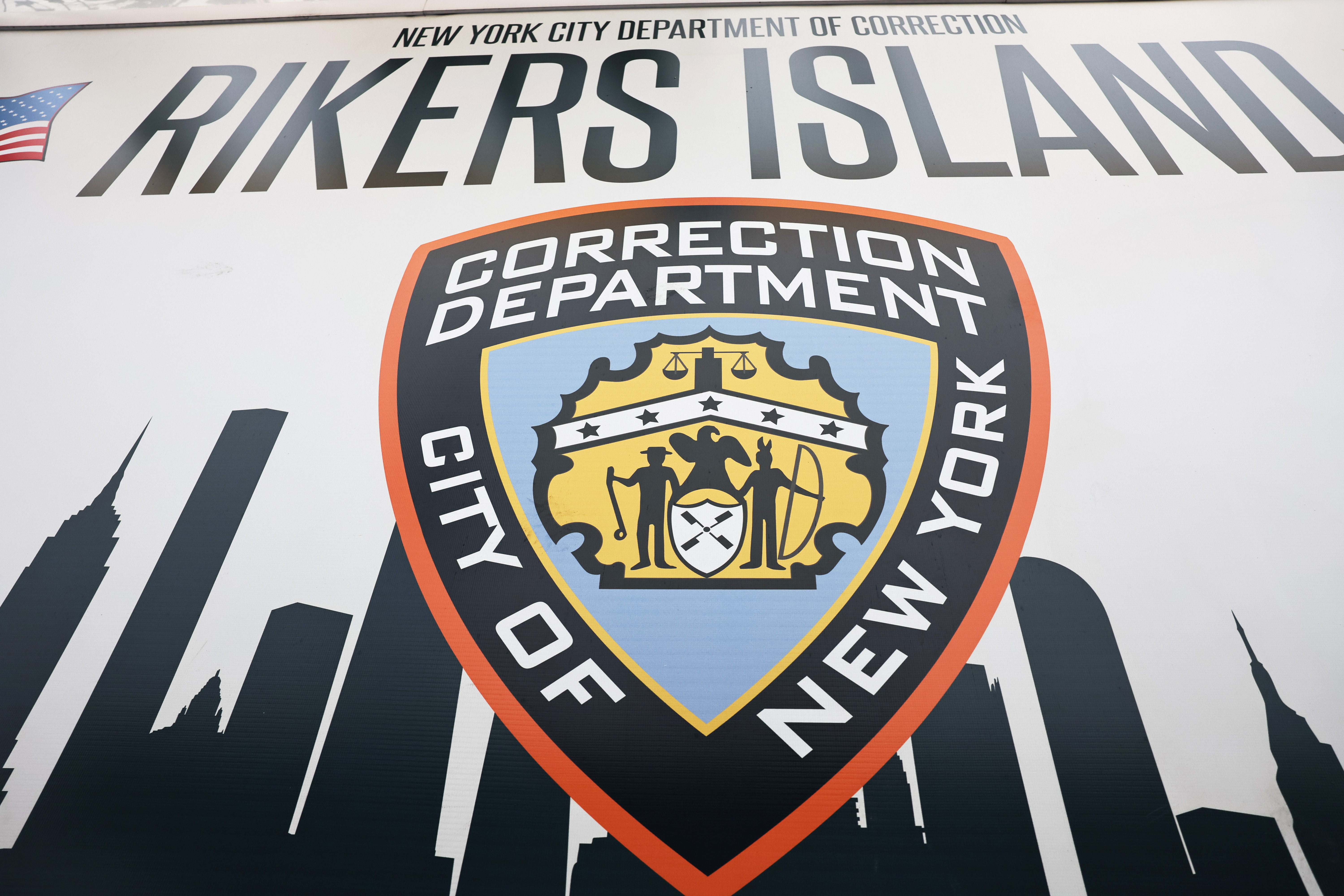 The Rikers Island jail sign is seen on October 24, 2022 in New York City.