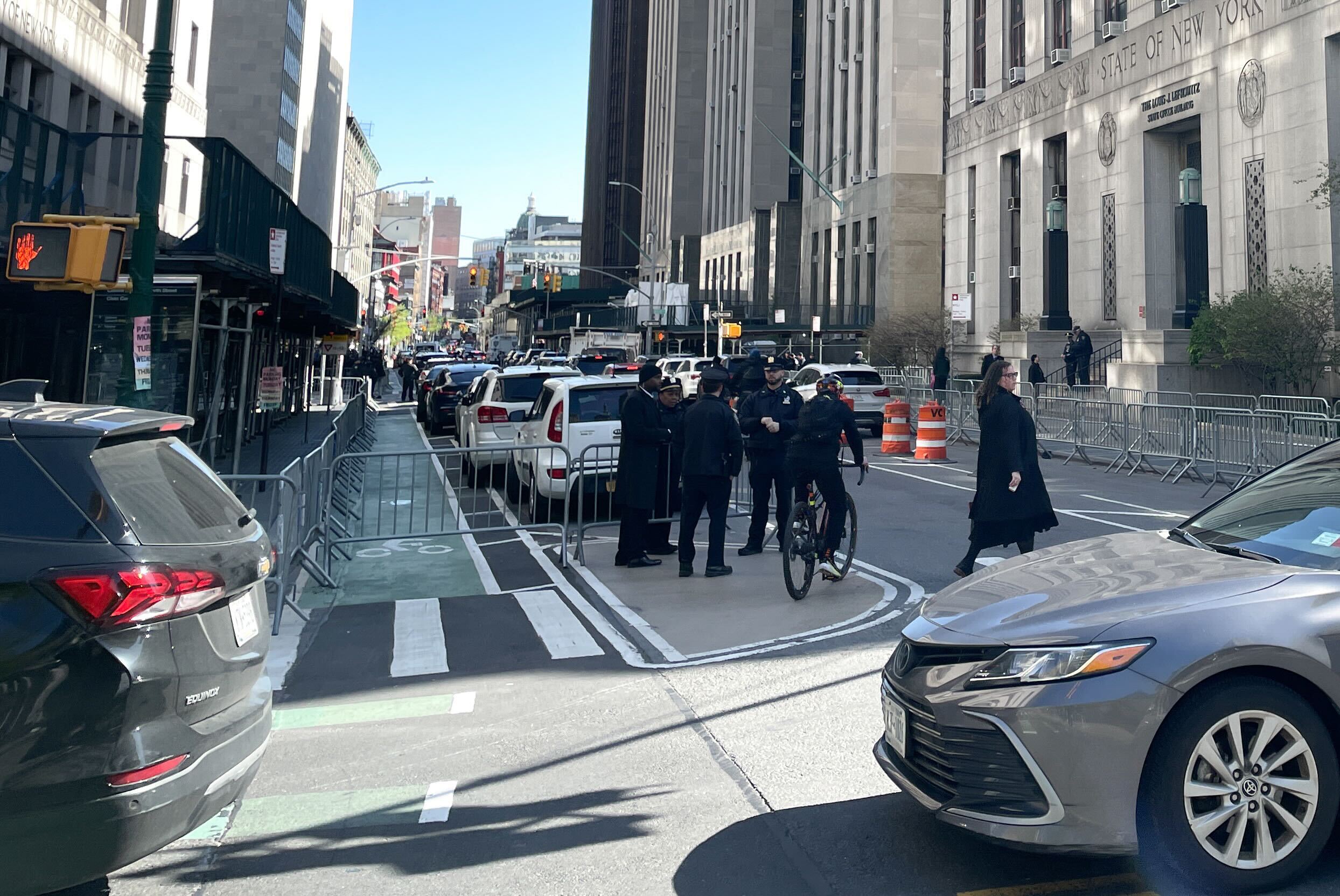 A bike lane in lower Manhattan blocked off from cyclists.