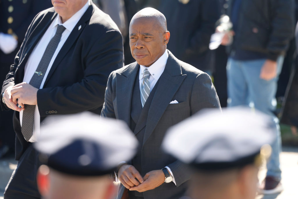 Mayor Eric Adams attends the funeral of slain NYPD Officer Jonathan Diller in Massapequa, New York, on March 30, 2024.
