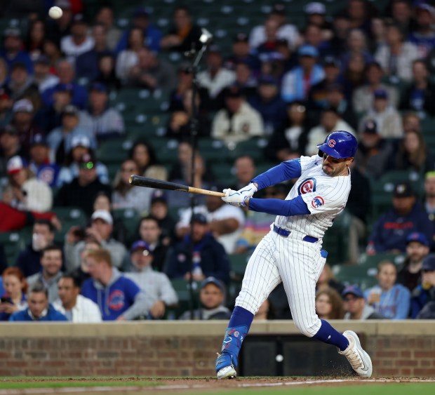 Chicago Cubs rightfielder Mike Tauchman (40) hits a 3-run home run in the first inning of a game against the Houston Astros at Wrigley Field in Chicago on April 23, 2024. (Chris Sweda/Chicago Tribune)