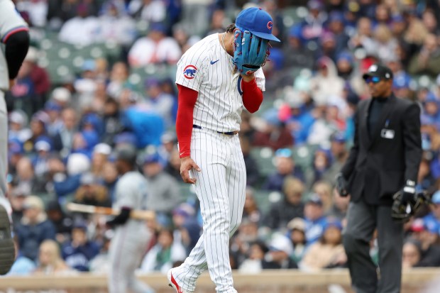 Cubs closer Adbert Alzolay yells into his glove in the ninth inning against the Marlins on April 20, 2024, at Wrigley Field. Alzolay gave up a two-run home run to Marlins designated hitter Bryan De La Cruz, resulting in a 3-2 Cubs loss. (John J. Kim/Chicago Tribune)