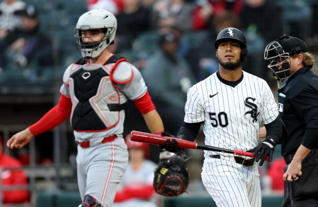 White Sox third baseman Lenyn Sosa walks to the dugout after striking out in the first inning against the Reds on April 12, 2024, at Guaranteed Rate Field. (Chris Sweda/Chicago Tribune)