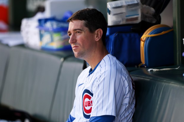 Chicago Cubs pitcher Kyle Hendricks (28) sits in the dugout during the bottom of the second inning against the Miami Marlins at Wrigley Field on April 21, 2024. (Eileen T. Meslar/Chicago Tribune)